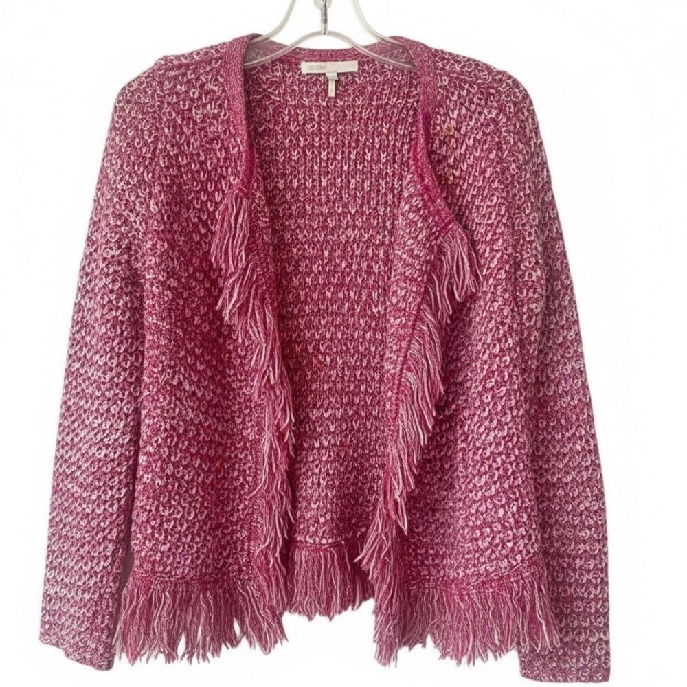 MAJE Malaga‎ Fringe Cardigan Sweater Jacket Pink White Cotton Knit Size 1 Small